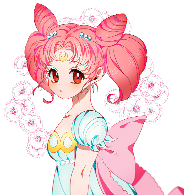 bangs bishoujo_senshi_sailor_moon bow chibi_usa crescent double_bun dress facial_mark flower forehead_mark from_side hair_ornament hairclip huge_bow looking_at_viewer nanette_(krowaze) parted_bangs pink_bow pink_hair puffy_short_sleeves puffy_sleeves red_eyes short_sleeves small_lady_serenity solo twintails upper_body white_dress