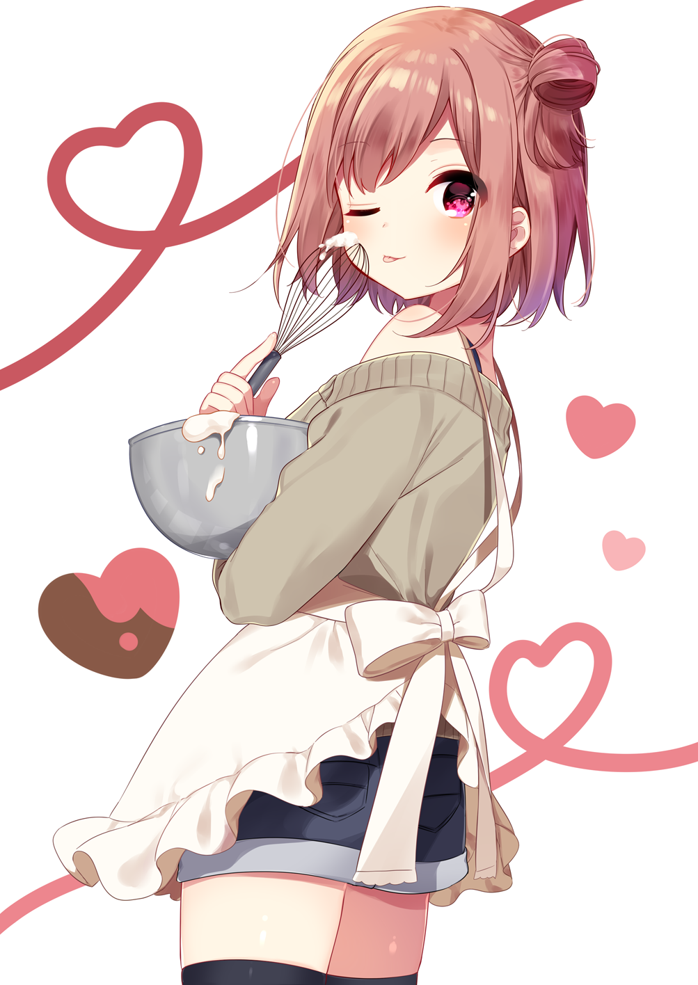 ;p apron bad_id bad_pixiv_id bare_shoulders black_legwear black_shorts blush bowl brown_hair brown_sweater commentary_request cowboy_shot cream eyebrows_visible_through_hair frilled_apron frills from_side hair_bun heart heart_of_string highres holding holding_bowl long_sleeves looking_at_viewer looking_to_the_side mafuyu_(chibi21) off-shoulder_sweater official_art one_eye_closed original pink_eyes shiny shiny_hair short_hair shorts side_bun solo standing sweater tareme thighhighs tongue tongue_out whisk white_apron white_background
