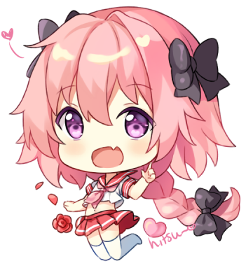 artist_name astolfo_(fate) bangs black_bow blush bow braid chibi commentary english_commentary eyebrows_visible_through_hair fang fate/apocrypha fate_(series) flower hair_bow hand_up heart hitsukuya jumping legs_together long_hair lowres male_focus midriff neckerchief otoko_no_ko petals pink_hair pink_neckwear pink_sailor_collar pleated_skirt purple_eyes red_flower red_rose red_skirt rose rose_petals sailor_collar school_uniform serafuku shirt short_sleeves signature single_braid skirt solo thighhighs very_long_hair white_legwear white_shirt