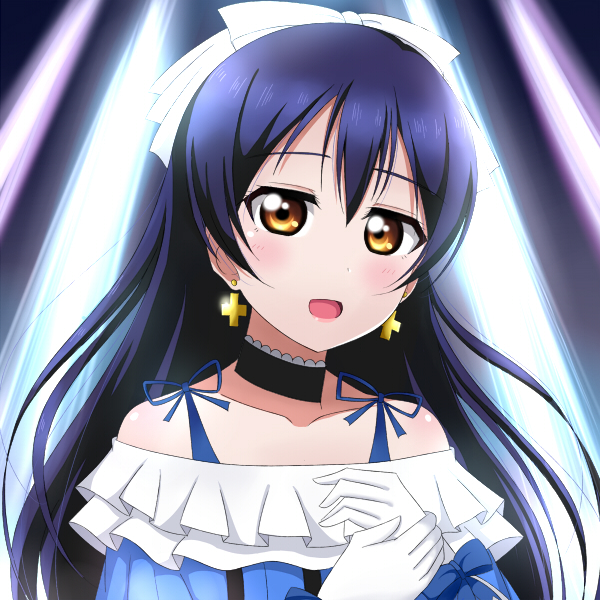 bangs blue_hair bow choker commentary_request earrings eyebrows_visible_through_hair gloves hair_between_eyes hair_bow jewelry kira-kira_sensation! long_hair love_live! love_live!_school_idol_project open_mouth smile solo sonoda_umi upper_body wewe yellow_eyes