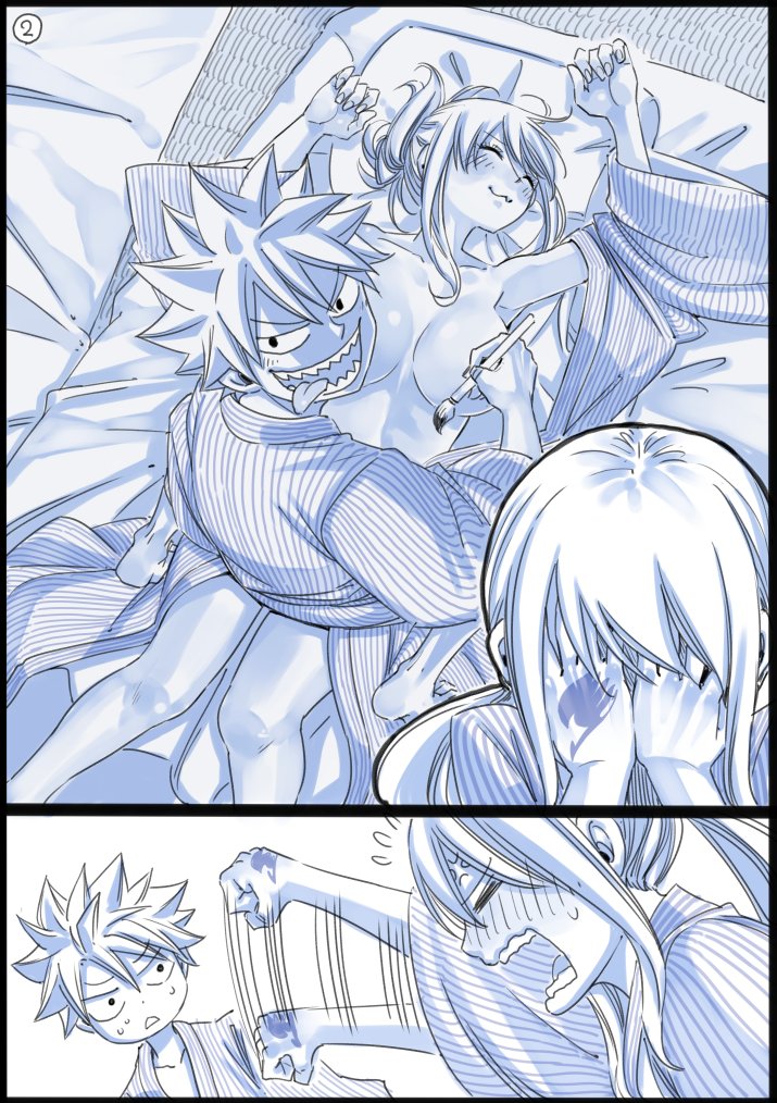 1girl :3 barefoot bath_yukata black_border blue blush border breasts breasts_apart comic convenient_censoring covering_face embarrassed fairy_tail futon hand_tattoo japanese_clothes kimono looking_back lucy_heartfilia mashima_hiro monochrome naked_kimono natsu_dragneel no_bra open_clothes open_kimono paintbrush sharp_teeth silent_comic sitting sitting_on_person sleeping smile spiked_hair teeth tongue tongue_out twintails yukata