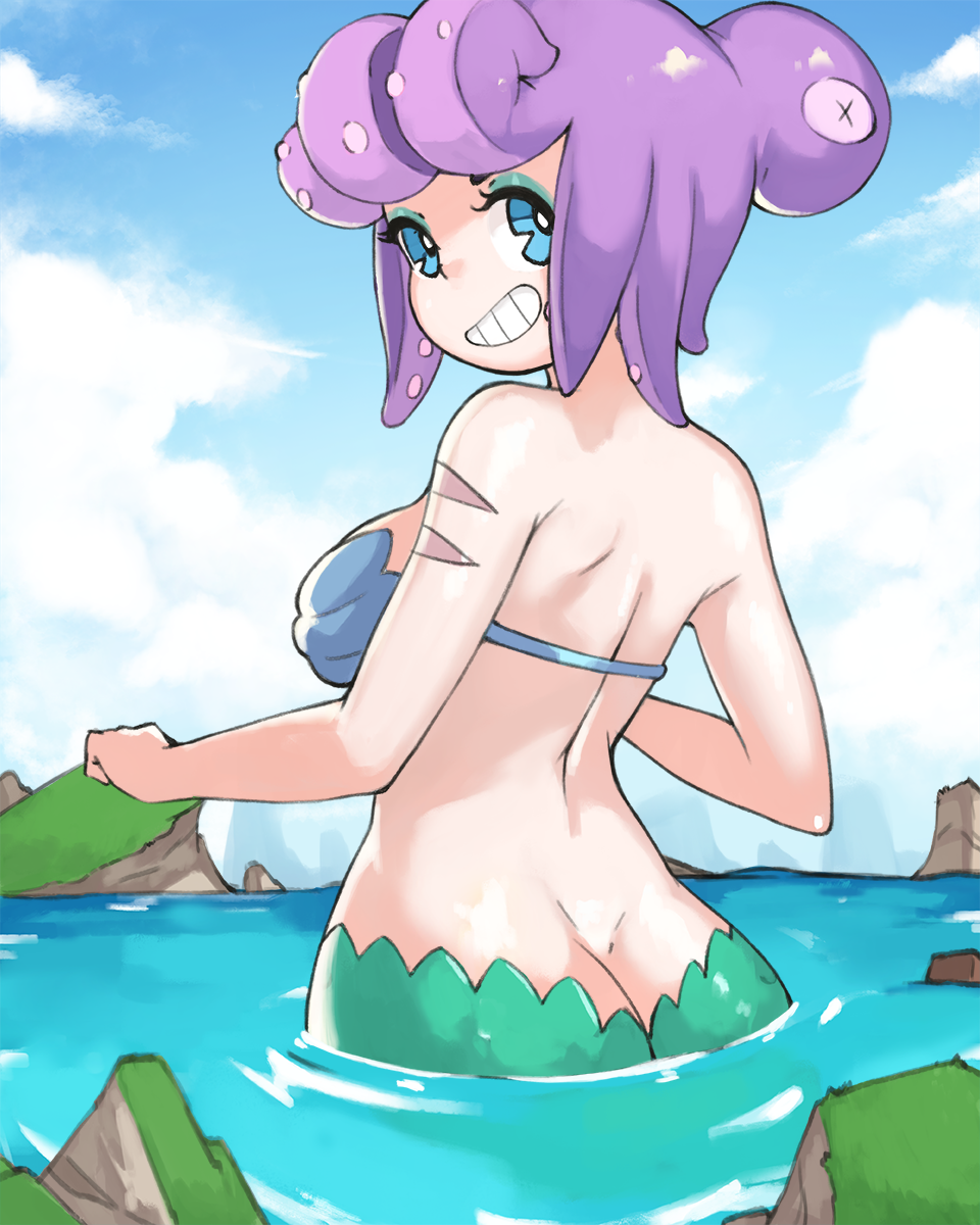 ass back bare_shoulders bikini blue_bikini blue_eyes blue_sky butt_crack cala_maria_(cuphead) cloud cuphead_(game) day from_behind grin highres looking_at_viewer looking_back mermaid monster_girl original outdoors pac-man_eyes partially_submerged purple_hair scar shell shell_bikini sky smile solo swimsuit tentacle_hair vins-mousseux water_surface
