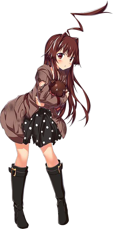 ahoge alternate_costume belt_boots black_footwear boots brown_eyes brown_hair full_body hair_intakes kantai_collection knee_boots kuma_(kantai_collection) long_hair official_art pout pouty_lips stuffed_animal stuffed_toy teddy_bear torn_clothes transparent_background ugume x_x