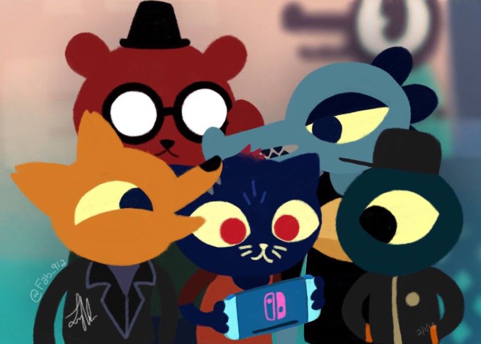 alligator angus_(nitw) avian bea_(nitw) beak bear bird canine clothed clothing console crocodilian cute device eyewear fangs fedora feline fox fully_clothed germ_(nitw) glasses gregg_(nitw) group handheld_console hands_in_pockets happy hat holding_object huddled jacky-art mae_(nitw) mammal night_in_the_woods nintendo nintendo_switch open_mouth playing red_eyes red_irises reptile scalie sharp_teeth smile switch teeth top_hat video_games