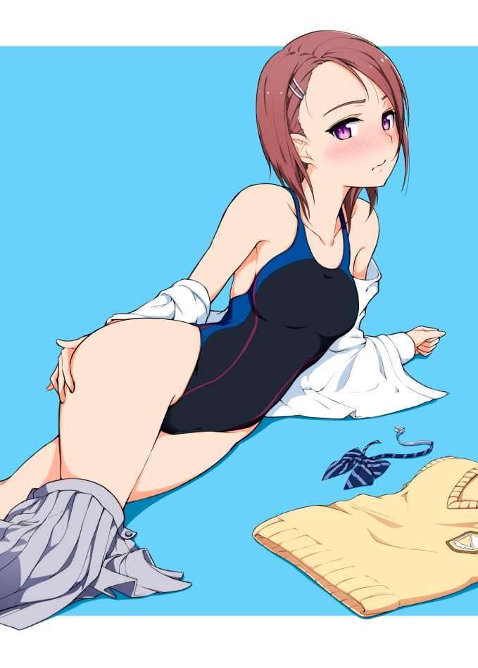 :s black_swimsuit blue_background blue_neckwear blush bow bowtie bowtie_removed breasts brown_hair closed_mouth clothes_removed competition_swimsuit hi_iro looking_at_viewer lying medium_breasts nose_blush off_shoulder on_side one-piece_swimsuit open_clothes open_shirt original pleated_skirt purple_eyes shirt simple_background skirt skirt_around_one_leg skirt_pull solo swimsuit vest_removed white_shirt