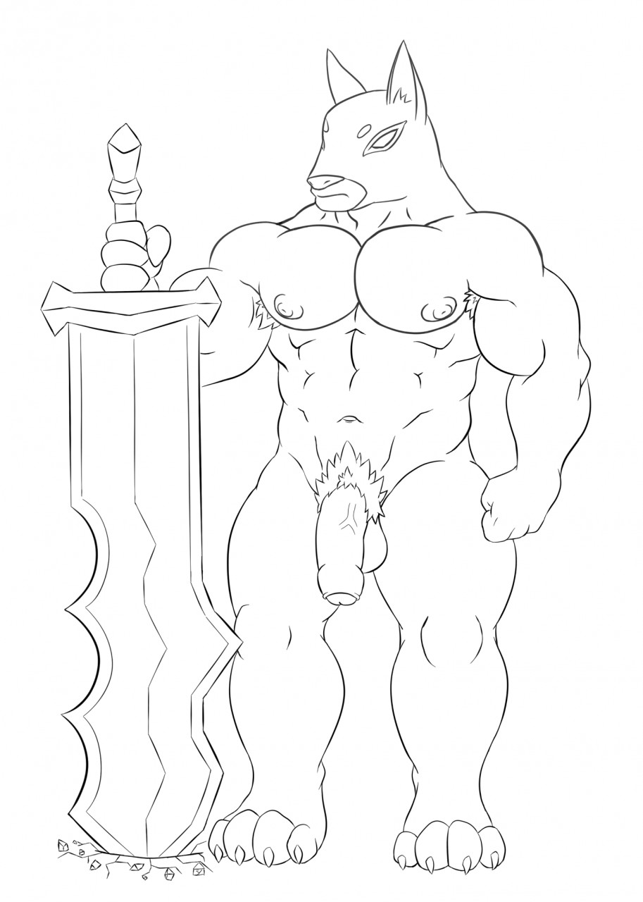 abs anthro balls biceps big_muscles canine claws darknut flaccid hi_res kisahhk8 legend male mammal melee_weapon monochrome muscular nintendo nipples nude partially_retracted_foreskin paws pecs penis pubes solo standing sword the_legend_of_zelda the_wind_waker toe_claws uncut unfinished vein veiny_penis video_games warrior weapon