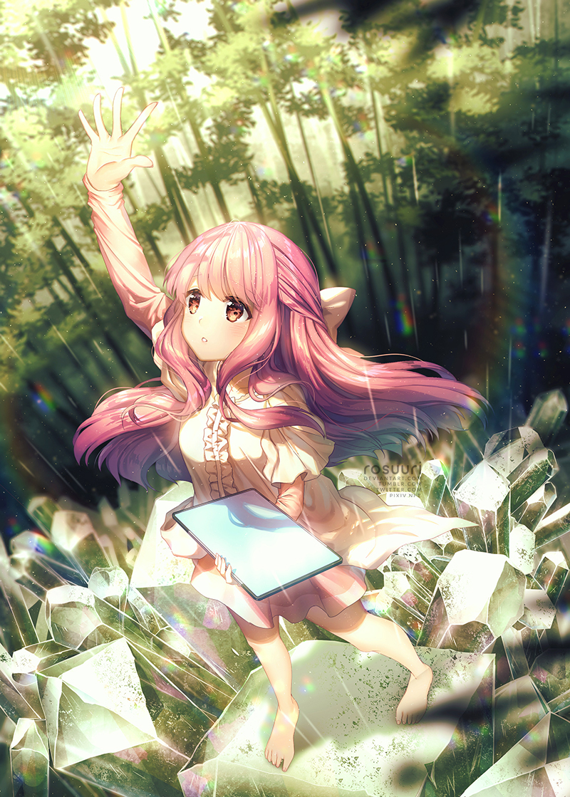:o artist_name bangs barefoot blush bow brown_eyes brown_hair dress eyebrows_visible_through_hair forest frills full_body hair_bow half_updo lens_flare long_hair long_sleeves looking_up nature outstretched_arm parted_lips pink_hair rin_(shelter) rock rosuuri shelter_(music_video) solo standing stone tablet_pc watermark web_address