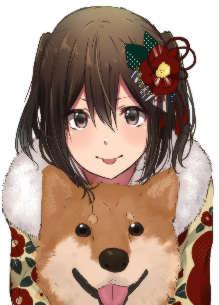 animal bangs blush brown_eyes brown_hair dog eyebrows_visible_through_hair floral_print flower fur fur_collar hair_between_eyes hair_flower hair_ornament highlights japanese_clothes kantai_collection kimono looking_at_viewer multicolored multicolored_clothes multicolored_hair print_kimono red_flower red_ribbon ribbon rinto_(rint_rnt) sendai_(kantai_collection) short_hair simple_background smile solo tareme tassel tongue tongue_out upper_body white_background