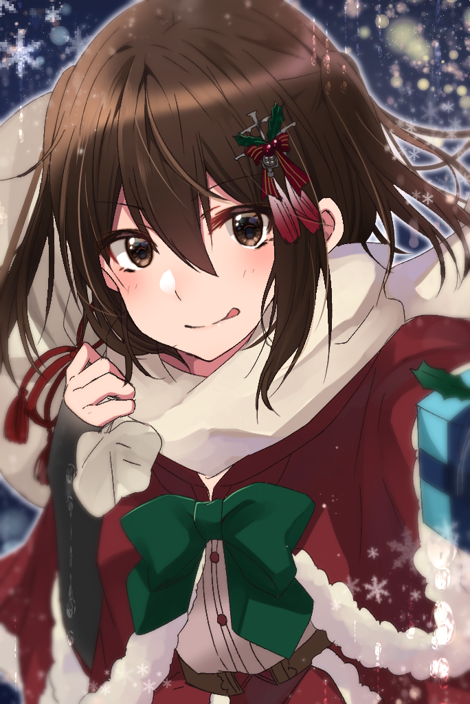 blurry blurry_background blush bow bowtie box brown_eyes brown_hair capelet carrying_over_shoulder closed_mouth eyebrows_visible_through_hair fur-trimmed_capelet fur_trim gift gift_box green_bow green_neckwear hair_ribbon holly kantai_collection long_sleeves looking_at_viewer red_capelet red_ribbon ribbon rinto_(rint_rnt) sack santa_costume scarf sendai_(kantai_collection) short_hair sleeves_past_wrists smile snowflakes solo tareme two_side_up upper_body white_scarf