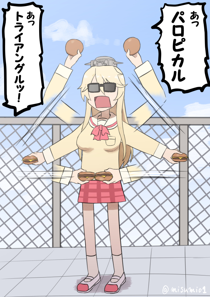 aioi_yuuko aioi_yuuko_(cosplay) alternate_costume blonde_hair blue_sky breast_pocket chain-link_fence cloud cloudy_sky cosplay day fence food hamburger headgear holding iowa_(kantai_collection) kantai_collection long_hair looking_at_viewer misumi_(niku-kyu) nichijou parody plaid plaid_skirt pocket school_uniform serafuku skirt sky solo sunglasses translation_request twitter_username