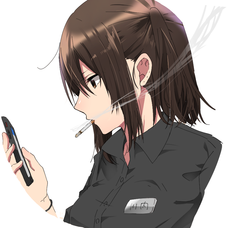 alternate_costume black_shirt brown_eyes brown_hair cellphone character_name cigarette collared_shirt hair_between_eyes holding holding_phone kantai_collection looking_at_phone mouth_hold name_tag phone profile rinto_(rint_rnt) sendai_(kantai_collection) shirt short_hair sidelocks simple_background smartphone smoke smoking solo twintails upper_body white_background wing_collar wristband