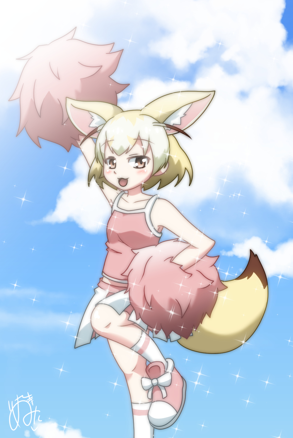 alternate_costume animal_ears bare_shoulders blush cheerleader fennec_(kemono_friends) fox_ears fox_tail hachikuji_kenuta highres jumping kemono_friends open_mouth pom_poms solo tail