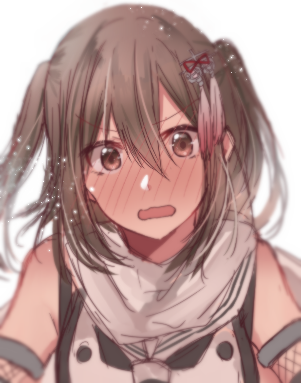bare_shoulders black_neckwear blurry blush brown_eyes brown_hair depth_of_field embarrassed eyebrows_visible_through_hair fishnets full-face_blush grey_scarf hair_between_eyes hair_ornament kantai_collection light_particles looking_at_viewer neckerchief necktie remodel_(kantai_collection) rinto_(rint_rnt) scarf sendai_(kantai_collection) short_hair simple_background solo tareme tassel two_side_up upper_body vest wavy_mouth white_background wide-eyed