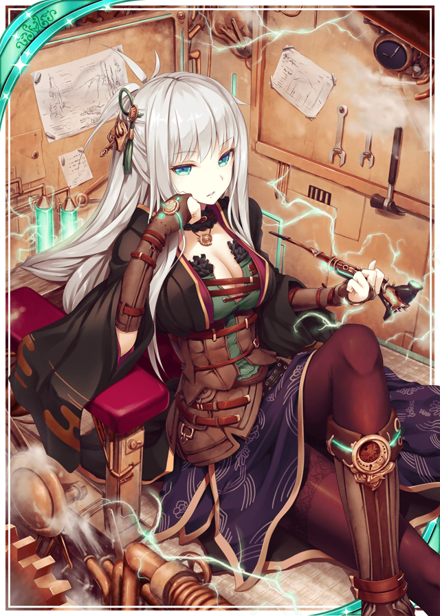akkijin blue_eyes blueprint boots breasts card_(medium) claw_hammer hammer holding holding_pipe jewelry lightning lightning_bolt looking_at_viewer machine medium_breasts necklace official_art pantyhose pipe shinkai_no_valkyrie silver_hair sitting solo steam workshop wrench