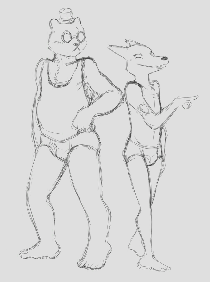 angus_(nitw) barefoot briefs clothed clothing duo gregg_(nitw) male night_in_the_woods shirt sketch tank_top thegreatmatsutzu topless underwear