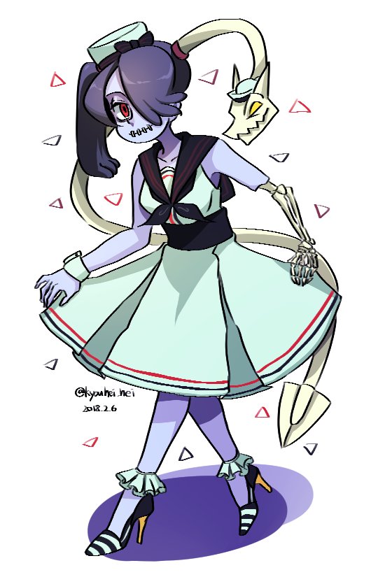 1girl blue_skin breasts dress female hair_over_one_eye high_heels legs leviathan_(skullgirls) monster_girl red_eyes sailor_dress sailor_hat side_ponytail skullgirls squigly_(skullgirls) stitched_mouth stitches zombie