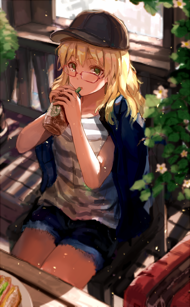 bespectacled blonde_hair blurry coffee coffee_cup cup depth_of_field disposable_cup drinking_straw glasses green_eyes hat highres holding hoshii_miki idolmaster idolmaster_(classic) idolmaster_2 long_hair looking_at_viewer madogiwa_(ran5) peaked_cap red-framed_eyewear sitting solo starbucks