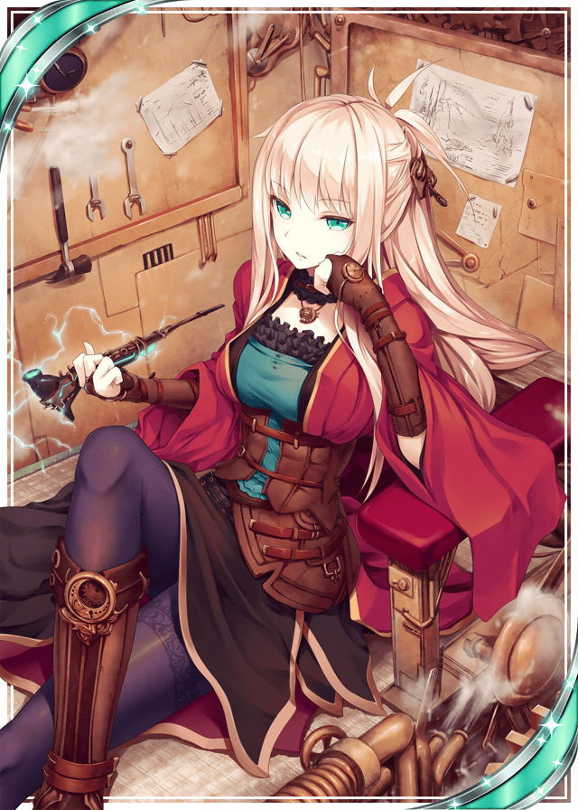 akkijin aqua_eyes blonde_hair blueprint boots breasts card_(medium) claw_hammer hammer holding holding_pipe jewelry lightning looking_at_viewer machinery medium_breasts necklace official_art pantyhose pipe shinkai_no_valkyrie sitting solo workshop wrench