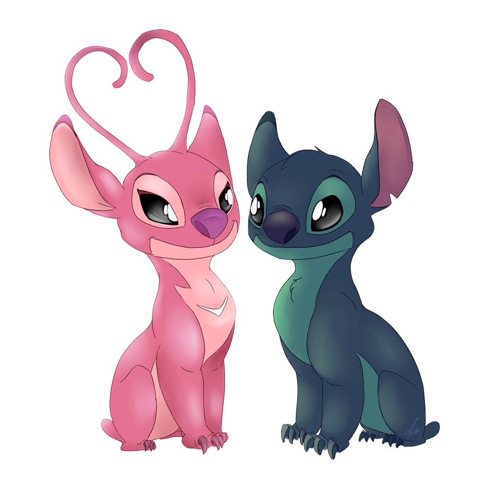 &lt;3 2019 alien alpha_channel angel_(lilo_&amp;_stitch) antennae black_eyes blue_claws blue_fur blue_nose chest_markings chest_tuft claws disney duo experiment_(species) eye_contact fur head_tuft lilo_and_stitch marie_delannoy markings notched_ear pink_fur purple_claws purple_nose simple_background small_tail smile stitch transparent_background tuft