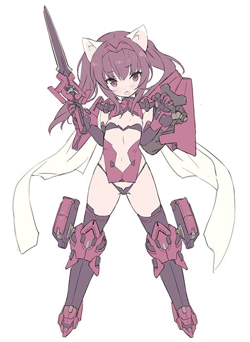 alice_gear_aegis animal_ears bangs black_bra black_gloves black_legwear black_panties blade_(galaxist) blush bra brown_hair commentary_request elbow_gloves eyebrows_visible_through_hair full_body gloves hair_between_eyes hairband head_tilt holding holding_shield holding_sword holding_weapon ichijou_ayaka looking_at_viewer mecha_musume micro_bra micro_panties navel open_mouth panties red_hairband revealing_clothes shield sidelocks solo standing sword thighhighs twintails underwear weapon white_background