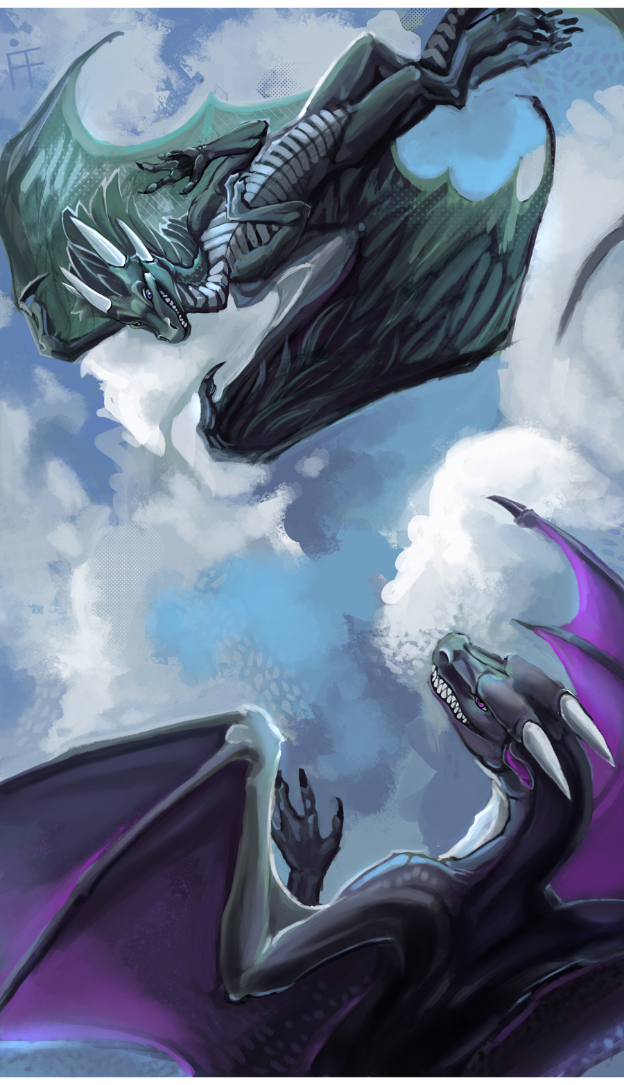 2011 alradeck anthro day digital_media_(artwork) dragon duo flying horn membranous_wings outside purple_eyes sky white_bars wings