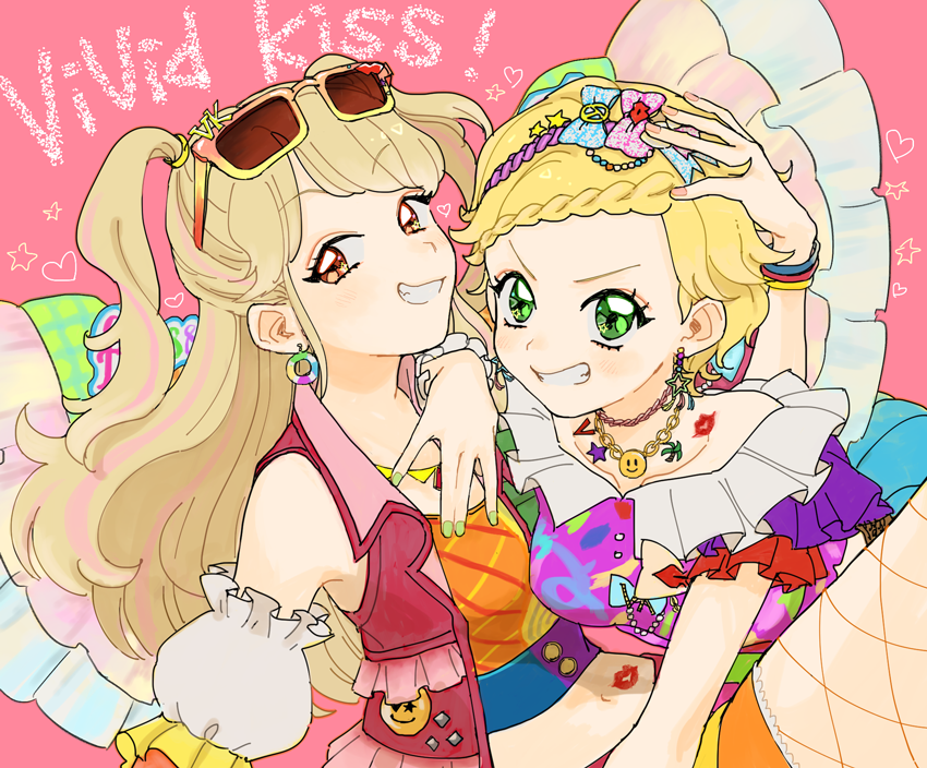 aikatsu!_(series) bare_shoulders blonde_hair blush bracelet braid detached_sleeves earrings green_eyes grin hair_ornament heart idol jewelry lipstick_mark long_hair looking_at_viewer midriff multicolored_hair multiple_girls nail_polish natsuki_mikuru navel open_mouth pink_background red_eyes sakana_(skn) shinjou_hinaki short_hair shorts simple_background smile star star_hair_ornament sunglasses two_side_up