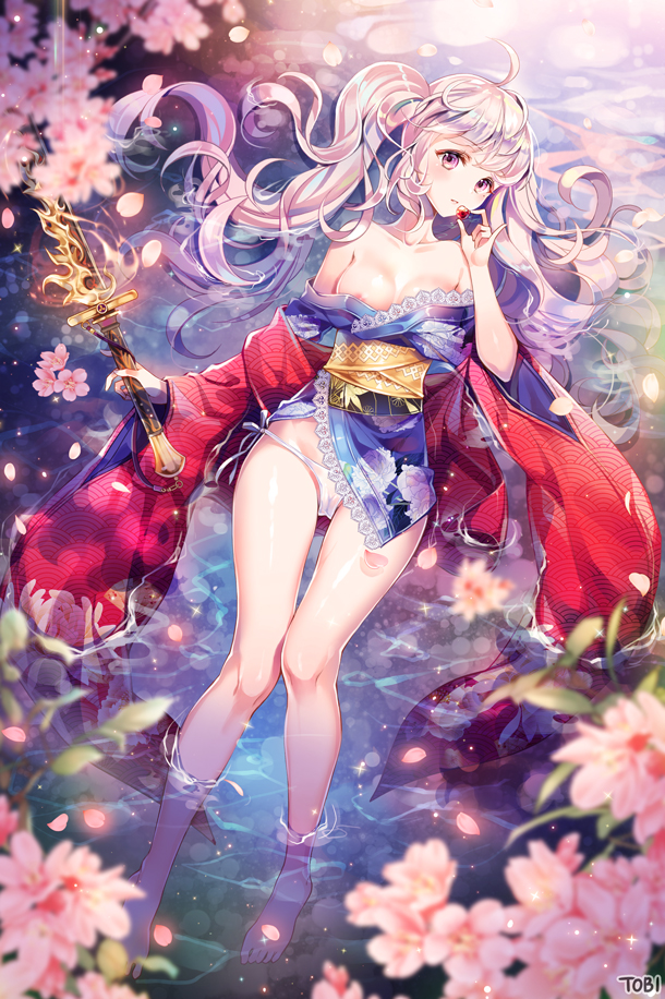 barefoot blade_&amp;_soul breasts brown_eyes brown_hair cherry_blossoms flower holding japanese_clothes kimono legs long_hair lying medium_breasts nipples no_bra obi off_shoulder on_back panties partially_submerged petals sash short_kimono side-tie_panties solo sword thigh_gap tobi_(mue86) twintails underwear water weapon white_panties