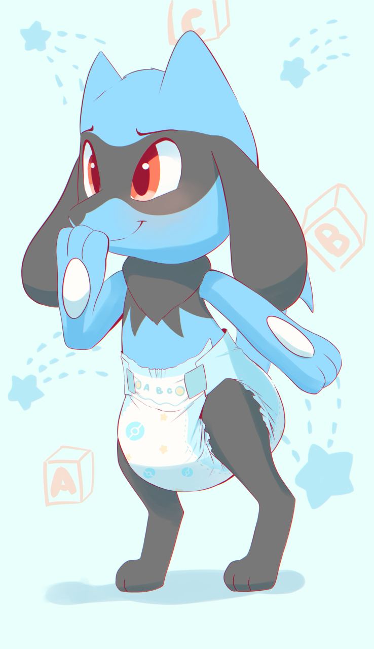 ambiguous_gender anthro cub diaper hand_on_mouth nintendo ozzybear paws pok&eacute;mon pok&eacute;mon_(species) red_eyes riolu smile solo video_games young
