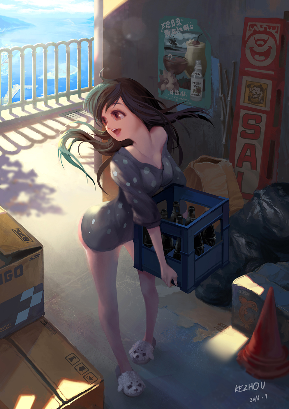 :d ahoge artist_name ass bare_shoulders black_dress black_hair bottle box breasts building carrying character_request cleavage copyright_request dated day dress full_body highres holding holding_box kezhou leaning_forward legs_apart long_hair long_sleeves looking_to_the_side medium_breasts ocean off_shoulder open_mouth polka_dot polka_dot_dress poster_(object) railing sheep shirt short_dress signature slippers smile solo standing sunlight tareme traffic_cone trash wall water white_footwear
