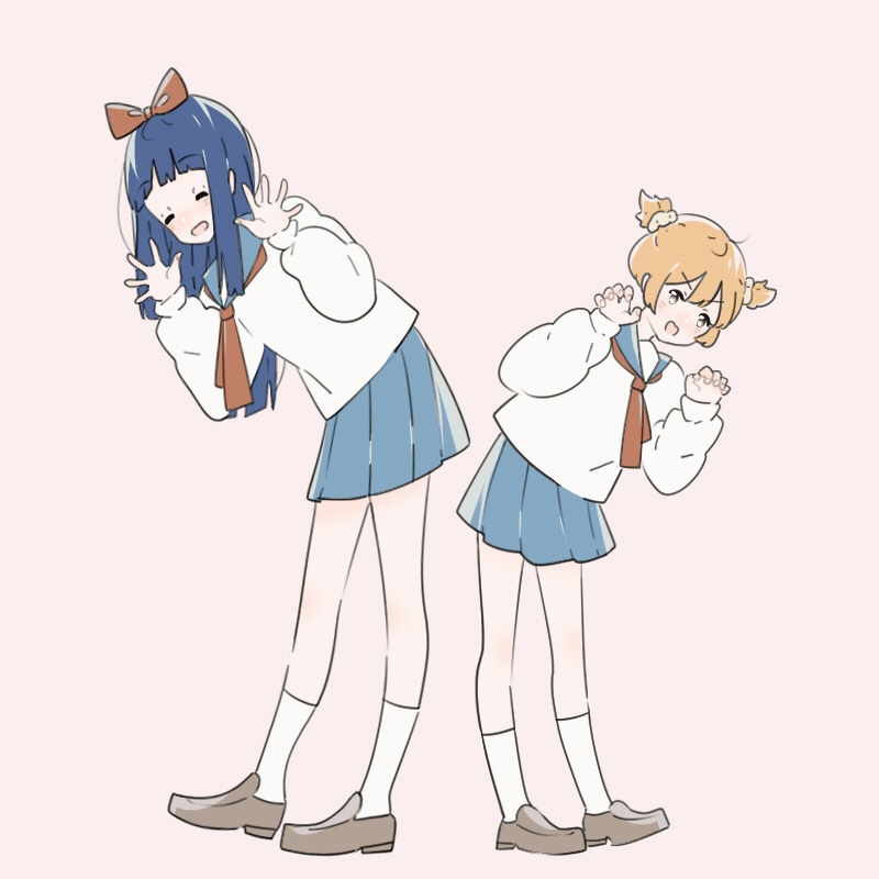 :d arms_up blouse blue_hair blue_sailor_collar blue_skirt blush bow brown_footwear brown_hair claw_pose closed_eyes commentary_request full_body hair_bow hair_ornament hair_scrunchie kneehighs kurumi4186399 leaning_to_the_side loafers long_sleeves looking_at_viewer multiple_girls necktie open_mouth pink_background pipimi pleated_skirt poptepipic popuko red_bow red_neckwear sailor_collar school_uniform scrunchie serafuku shoes short_hair simple_background skirt smile two_side_up v-shaped_eyebrows white_legwear yellow_scrunchie