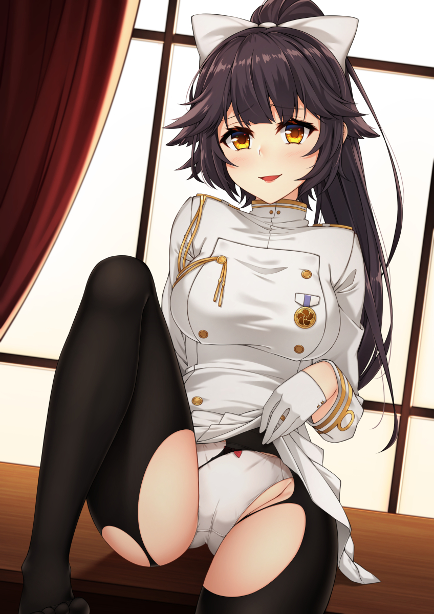 1girl azur_lane black_hair black_legwear bow bow_panties cameltoe come_hither commentary eyebrows_visible_through_hair gloves hair_bow half_gloves healther highres indoors knee_up lifted_by_self long_hair long_sleeves looking_at_viewer military military_uniform no_shoes panties pantyhose pleated_skirt ponytail sarong sitting skirt skirt_lift smile solo takao_(azur_lane) torn_clothes torn_legwear underwear uniform white_bow white_gloves white_panties white_skirt window yellow_eyes