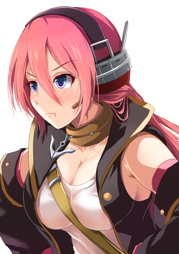 :t anchor azur_lane bare_shoulders black_vest blue_eyes blush breasts choker cleavage collar collared_vest commentary_request detached_sleeves elbow_gloves eyebrows_visible_through_hair gloves hair_between_eyes hands_on_hips headset kanzaki_kureha large_breasts long_hair looking_away pink_gloves pink_hair pout ranger_(azur_lane) shirt simple_background solo strap v-shaped_eyebrows vest white_background white_shirt