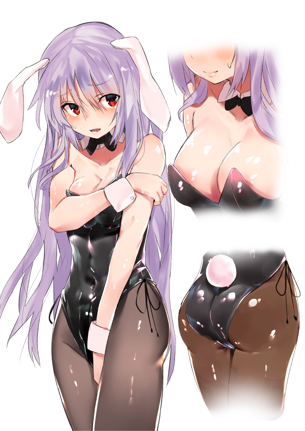 alternate_costume animal_ears ass asuzemu bare_arms bare_shoulders black_bow bow bowtie breasts bunny_ears bunny_girl bunny_tail bunnysuit cleavage collarbone commentary_request covered_navel covering covering_breasts detached_collar embarrassed eyebrows_visible_through_hair highres large_breasts long_hair looking_at_viewer multiple_views pantyhose parted_lips purple_hair red_eyes reisen_udongein_inaba shiny shiny_clothes simple_background sweatdrop tail touhou very_long_hair white_background wrist_cuffs