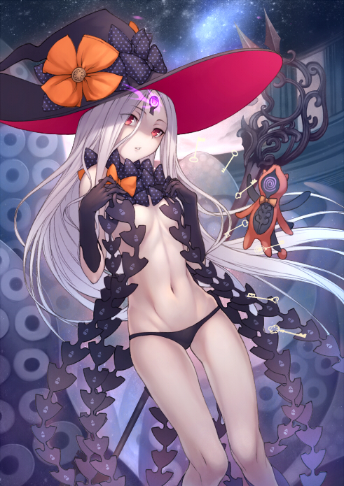 abigail_williams_(fate/grand_order) bangs banned_artist bare_shoulders black_bow black_gloves black_hat black_panties bow breasts elbow_gloves facial_mark fate/grand_order fate_(series) feet_out_of_frame floating forehead_mark gloves glowing hair_between_eyes hat key kyoeiki long_hair looking_at_viewer navel night night_sky orange_bow pale_skin panties parted_bangs parted_lips polka_dot polka_dot_bow red_eyes revealing_clothes shaded_face sky small_breasts solo stomach stuffed_toy tentacles underwear witch_hat