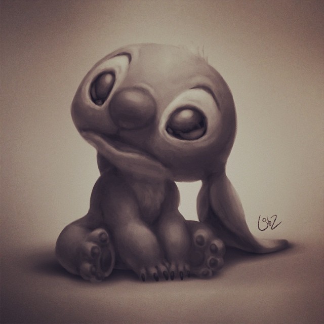 2013 4_fingers 4_toes alien chest_tuft claws curious digital_drawing_(artwork) digital_media_(artwork) disney ears_down experiment_(species) head_tuft lilibz lilo_and_stitch monochrome open_mouth sepia signature simple_background soft_shading solo stitch toes tuft vignette