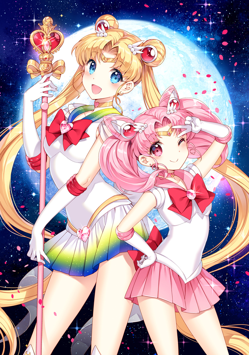 ;) bishoujo_senshi_sailor_moon blonde_hair blue_eyes blue_sailor_collar blush bow bowtie brooch chibi_usa choker commentary_request crescent double_bun earrings full_moon gloves hair_ornament hairclip heart heart_choker highres holding holding_staff jewelry long_hair looking_at_viewer moon multicolored multicolored_clothes multicolored_skirt multiple_girls nardack night night_sky one_eye_closed open_mouth pink_choker pink_eyes pink_hair pink_neckwear pink_sailor_collar sailor_chibi_moon sailor_collar sailor_moon sailor_senshi_uniform skirt sky smile spiral_heart_moon_rod staff star_(sky) starry_sky super_sailor_moon tiara tsukino_usagi twintails v very_long_hair wand white_gloves white_legwear yellow_choker yellow_neckwear