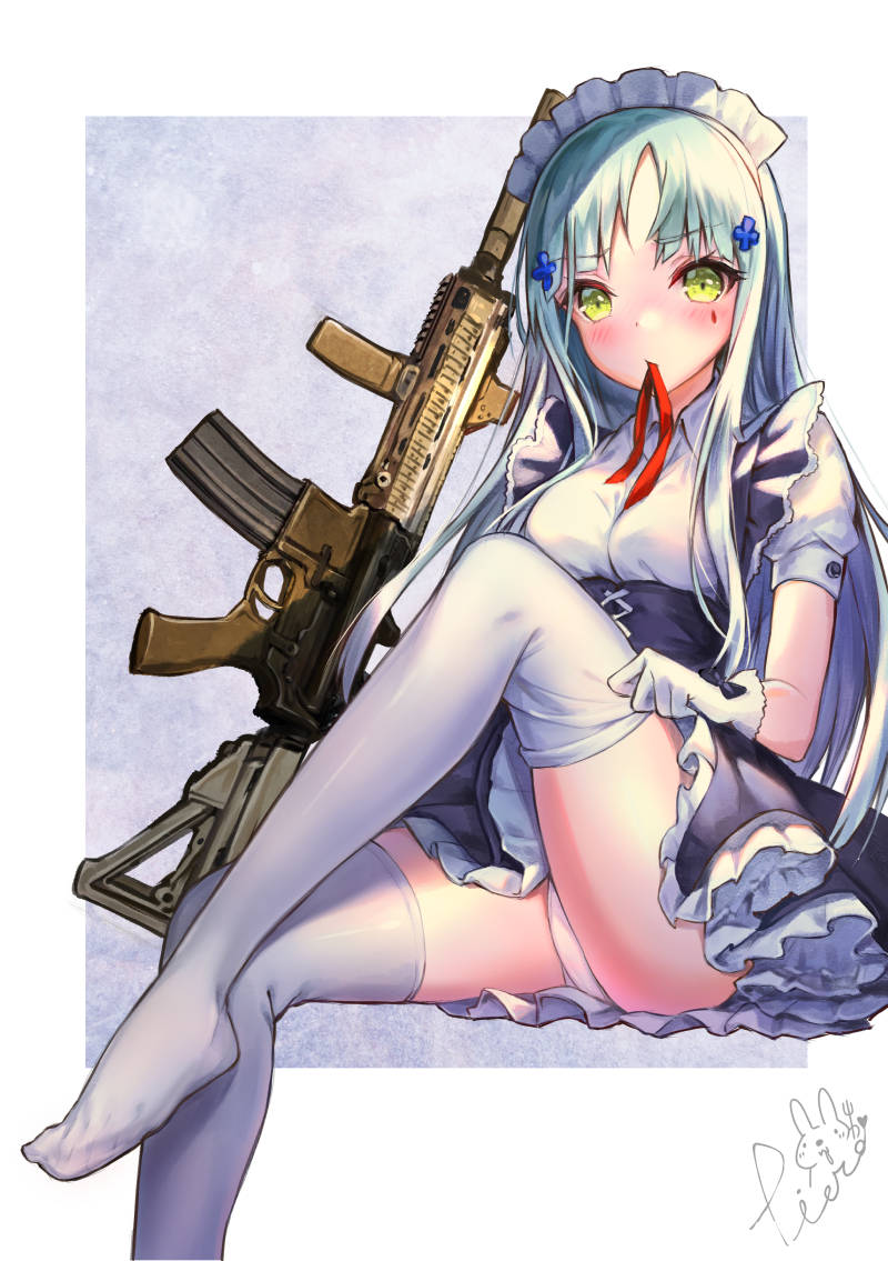 adjusting_clothes adjusting_legwear alternate_costume artist_name ass assault_rifle bangs blush breasts dress enmaided eyebrows_visible_through_hair facial_mark feet_out_of_frame frilled_dress frills girls_frontline gloves green_eyes gun hair_ornament heckler_&amp;_koch hk416 hk416_(girls_frontline) leg_up long_hair looking_at_viewer maid maid_headdress mouth_hold no_shoes object_namesake outside_border panties pantyshot pantyshot_(sitting) pierorabu plantar_flexion red_ribbon ribbon ribbon_in_mouth rifle short_sleeves signature silver_hair sitting small_breasts solo thighhighs tsurime underbust underwear weapon white_gloves white_legwear white_panties wing_collar