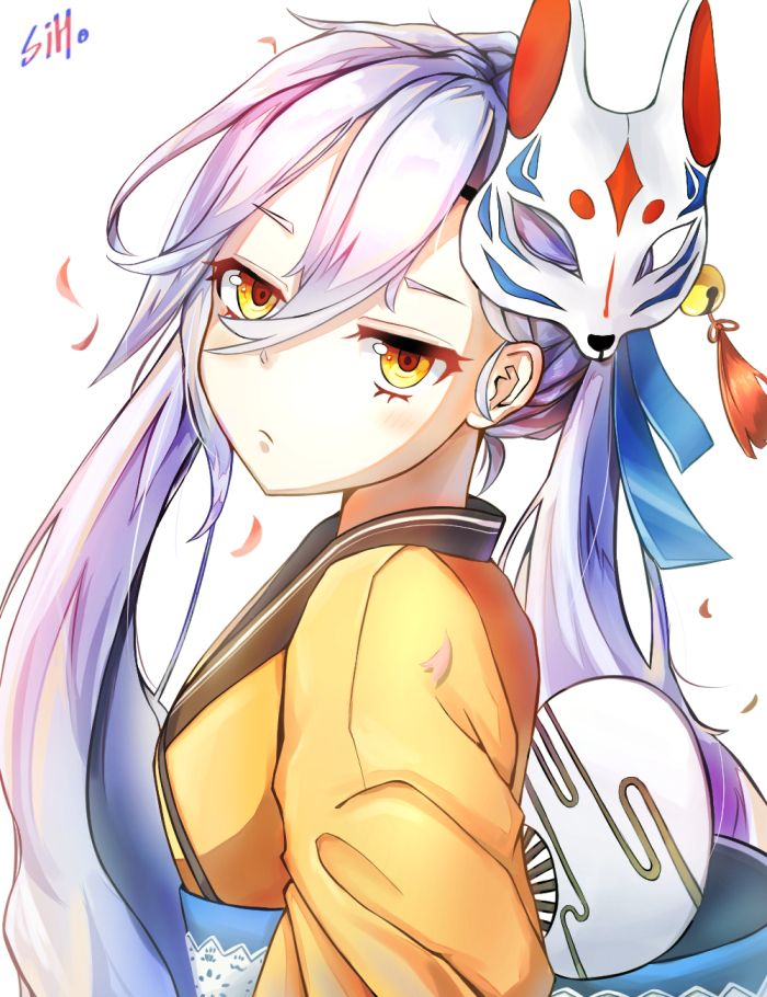 ahoge alternate_costume bangs bell blush closed_mouth commentary_request eyebrows_visible_through_hair fan fox_mask from_side girls_frontline hair_between_eyes japanese_clothes kimono long_hair looking_at_viewer mask mask_on_head obi petals pkp_(girls_frontline) sash side_ponytail signature siho silver_hair simple_background solo tassel very_long_hair white_background yellow_eyes yellow_kimono yukata