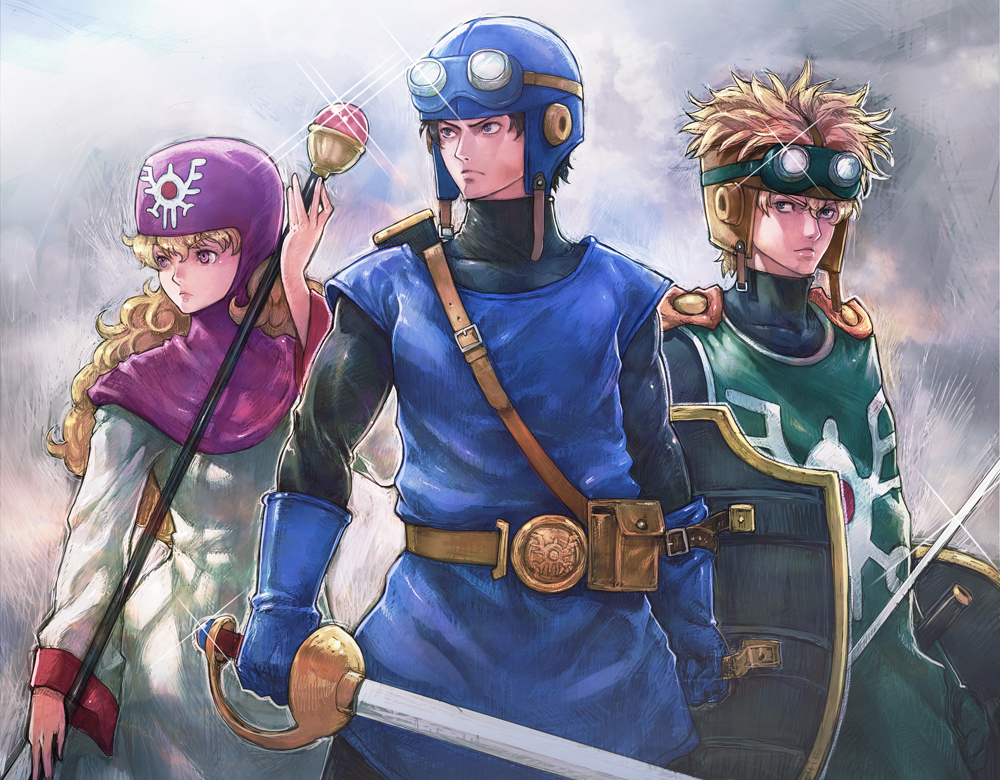 blonde_hair boyaking closed_mouth commentary_request curly_hair dragon_quest dragon_quest_ii dress goggles hood long_hair long_sleeves multiple_boys prince_of_lorasia prince_of_samantoria princess_of_moonbrook short_hair