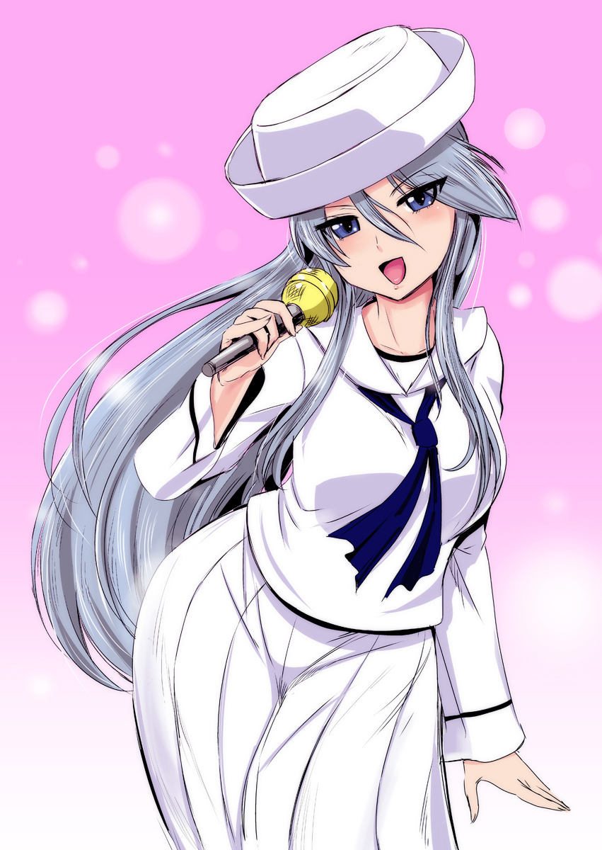 bangs blouse blue_eyes blue_neckwear commentary_request cowboy_shot dixie_cup_hat eyebrows_visible_through_hair eyes_visible_through_hair flint_(girls_und_panzer) girls_und_panzer gradient gradient_background grey_hair hat highres holding holding_microphone kumoi_takashi leaning_to_the_side long_hair long_skirt long_sleeves looking_at_viewer microphone military_hat neckerchief ooarai_naval_school_uniform open_mouth pinky_out pleated_skirt purple_background sailor_collar skirt smile solo standing white_blouse white_hat white_skirt