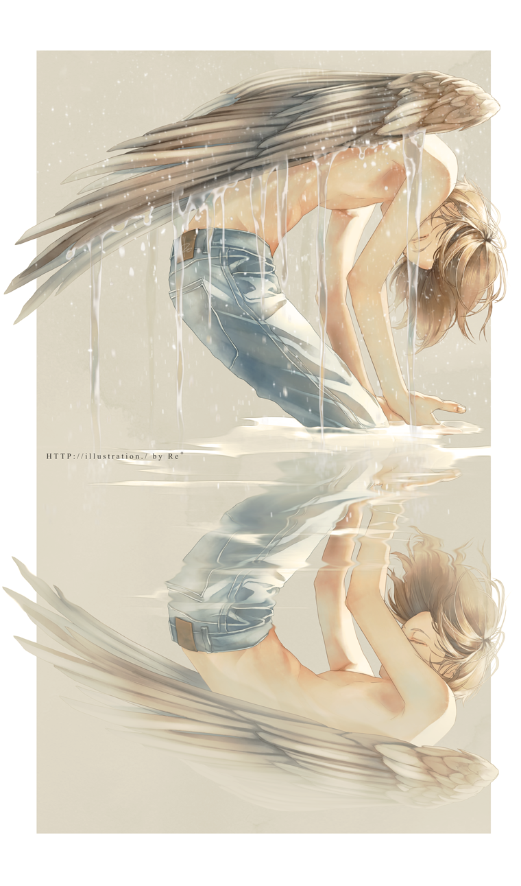angel_wings artist_name brown_hair closed_eyes denim expressionless frame grey_background highres jeans male_focus original outstretched_arms pants pool reflecting_pool reflection rido_(ridograph) shirtless short_hair upside-down water wet wings