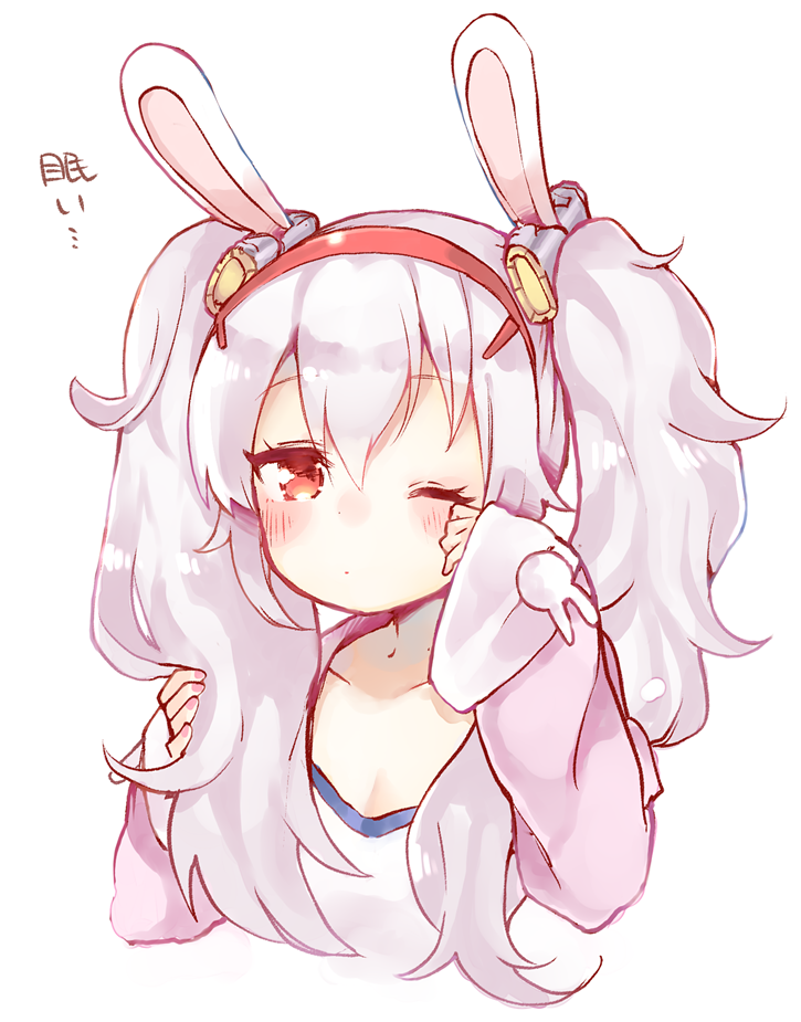 animal_ears azur_lane bangs blush brown_eyes bunny_ears camisole closed_mouth collarbone eyebrows_visible_through_hair fingernails hair_between_eyes hair_ornament hairband jacket laffey_(azur_lane) long_hair long_sleeves nail_polish one_eye_closed pink_jacket pink_nails red_hairband rubbing_eyes shijimi_kozou silver_hair simple_background sleeves_past_wrists solo twintails white_background white_camisole