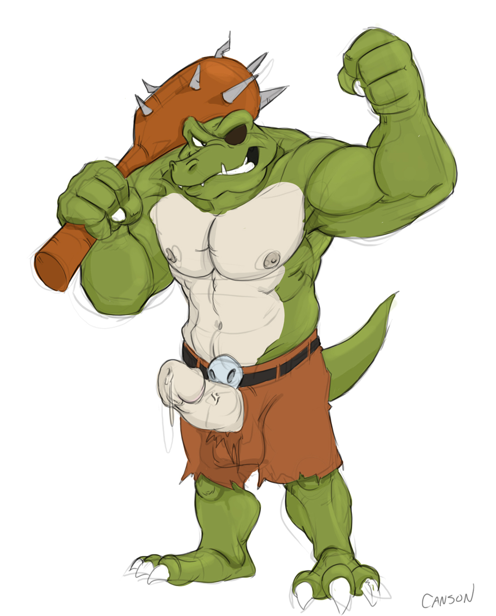 anthro canson club_(weapon) crocodile crocodilian donkey_kong_(series) erection eye_patch eyewear klubba kremling male melee_weapon muscular nintendo penis penis_through_fly poking_out reptile scalie solo spikes video_games weapon
