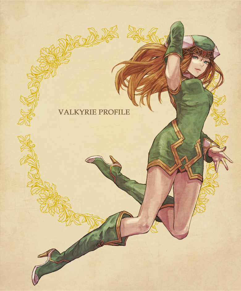86_(pixiv) bad_id bad_pixiv_id blonde_hair blue_eyes boots breasts detached_sleeves dress elbow_gloves freya_(valkyrie_profile) gloves green_footwear hat long_hair looking_at_viewer medium_breasts mochikko_(cocoa0101) simple_background skirt solo valkyrie_profile