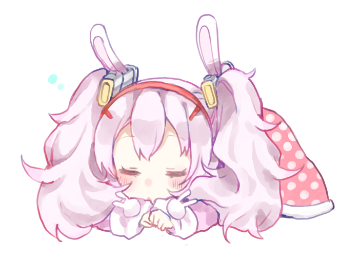 :o animal_ears azur_lane bangs blush bunny_ears closed_eyes eyebrows_visible_through_hair hair_ornament hairband jacket laffey_(azur_lane) long_hair long_sleeves lying on_stomach parted_lips pink_jacket polka_dot red_hairband shijimi_kozou silver_hair simple_background sleeves_past_wrists solo white_background