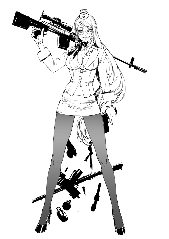 bad_id bad_pixiv_id banned_artist breasts choker commentary_request earrings explosive fate/grand_order fate_(series) formal glasses gloves grenade greyscale gun handgun hat high_heels jewelry knife koyanskaya large_breasts long_hair looking_at_viewer mini_uzi monochrome navel pantyhose pistol ribbon_choker rifle rifle_on_back s_tanly shotgun skirt sleeve_cuffs smile solo submachine_gun suit very_long_hair weapon