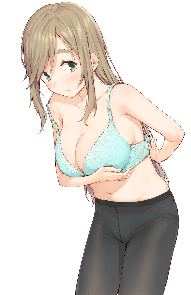 black_legwear blue_bra blue_panties blush bra breasts brown_hair cleavage closed_mouth commentary_request crotch_seam eyebrows_visible_through_hair fang_out green_eyes highres huge_breasts inuyama_aoi leaning_forward long_hair mikazuchi_zeus navel panties panties_under_pantyhose pantyhose sidelocks simple_background solo thick_eyebrows underwear underwear_only white_background yurucamp