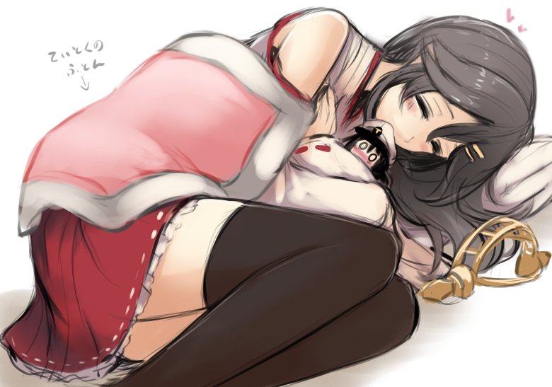 2girls black_hair black_legwear blush closed_eyes commentary_request cuddling detached_sleeves female_admiral_(kantai_collection) giantess hair_ornament hairclip haruna_(kantai_collection) hat headgear_removed hug kantai_collection long_hair lying multiple_girls nontraditional_miko nose_blush on_side pillow red_skirt size_difference sketch skirt sleeping thighhighs translated utopia white_hat yuri