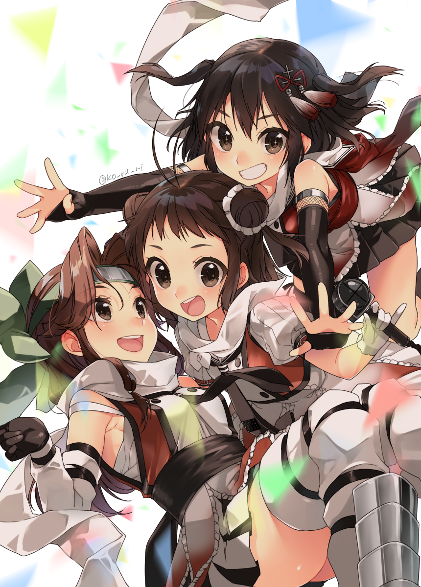 :d antenna_hair bow brown_eyes brown_hair cover cover_page detached_sleeves double_bun doujin_cover elbow_gloves fingerless_gloves forehead_protector girl_sandwich gloves grin hachimaki hair_bow hair_intakes half_updo headband highres jintsuu_(kantai_collection) kantai_collection koruri long_hair looking_at_another looking_at_viewer multiple_girls naka_(kantai_collection) open_mouth outstretched_arms outstretched_hand ponytail remodel_(kantai_collection) sandwiched scarf school_uniform searchlight sendai_(kantai_collection) serafuku smile thighhighs two_side_up white_scarf