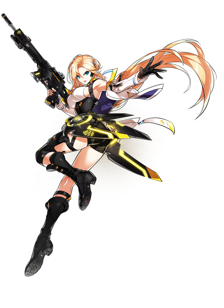 armpits artist_request ass black_footwear black_gloves black_shorts blonde_hair blue_eyes boots breasts elsword fingerless_gloves full_body gloves gun holding holding_gun holding_weapon jacket knee_boots large_breasts long_hair looking_at_viewer minerva_(elsword) official_art rose_(elsword) serious shorts solo transparent_background weapon white_jacket